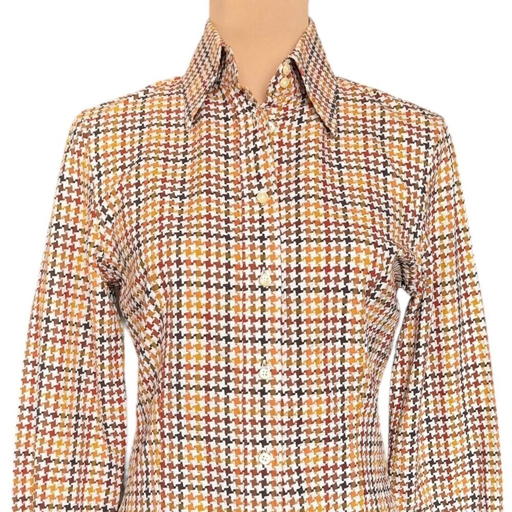 VTG ETRO Shirt Sz.6 Cream Brown Houndstooth Academia Career Italian Old Money - Picture 2 of 14